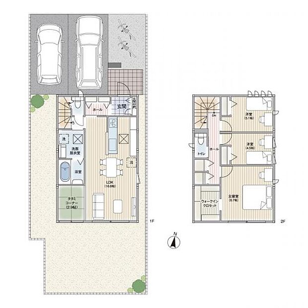 【B区画参考プラン】価格約3800万円(税込)※付帯工事費用(屋外給排水電気引込・地盤補強・外構工事・照明等)約800万円が別途必要です。※家具・エアコン・車は費用に含みません。