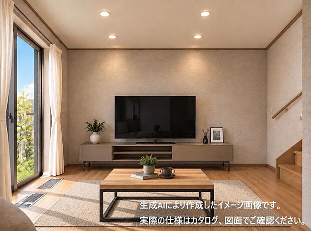 【A号地】やさしい陽光が差し込む開放的なリビング。上品なインテリアに包まれながら、家族との団らんを心地よく演出します。