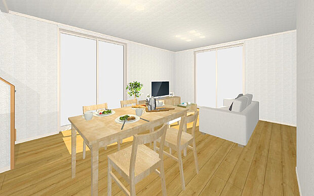 【モデルプラン】大開口から心地よい陽射を採りこむ設計です。