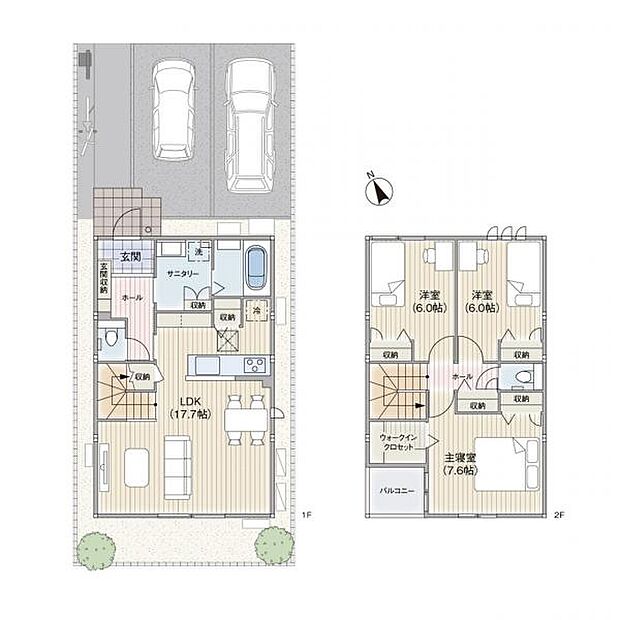 モデルプラン価格には太陽光発電システム4.6kW、蓄電池システム9.9kWh、再塗装不要の磁器タイル外壁、1階快適エアリー、エアファクトリー（第一種換気システム）を含みます。