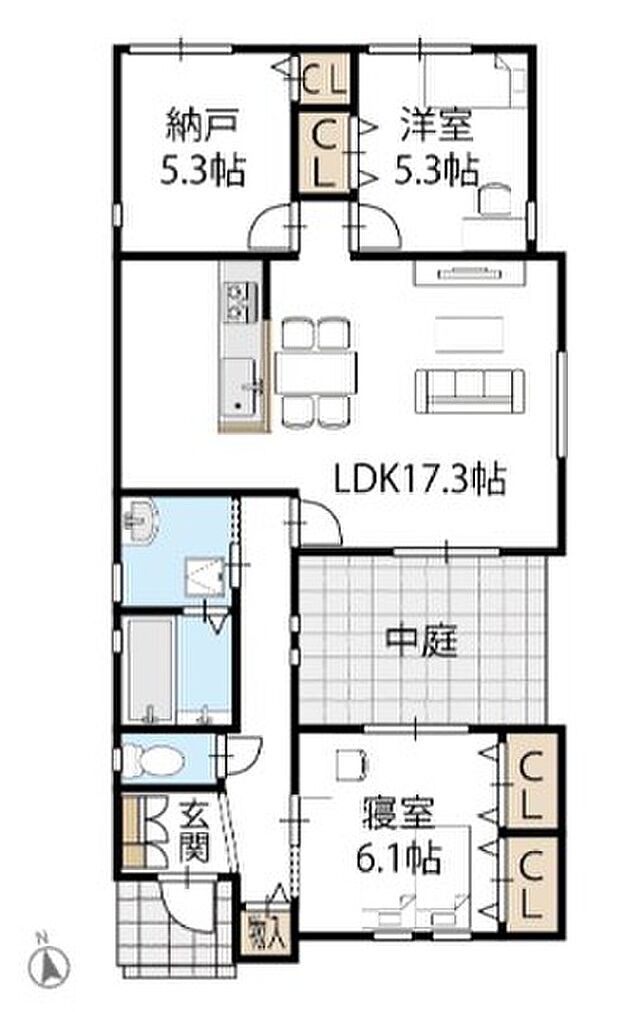 【2LDK+S】LDKは17帖以上の広さ。2面採光で明るく風通しの良い空間です。各洋室や納戸にはクローゼットを備えているので、室内がスッキリと片付きます。タイルテラスの中庭付きです。