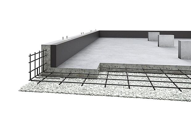 【ベタ基礎】建物をしっかり受け止めるベタ基礎。面で支えるから地盤にかかる負担も小さくでき、不同沈下による被害の軽減が期待出来ます（写真は2×6ユニット工法のものです）。