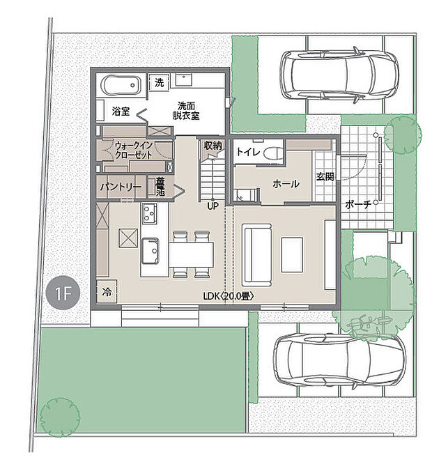 (1階間取図)広々20畳のLDKを中心に、家族が自然と集まる間取り。キッチンから洗面室へつながる動線で家事もスムーズに。収納も充実し、毎日の暮らしにゆとりが生まれる心地よい住まいです。