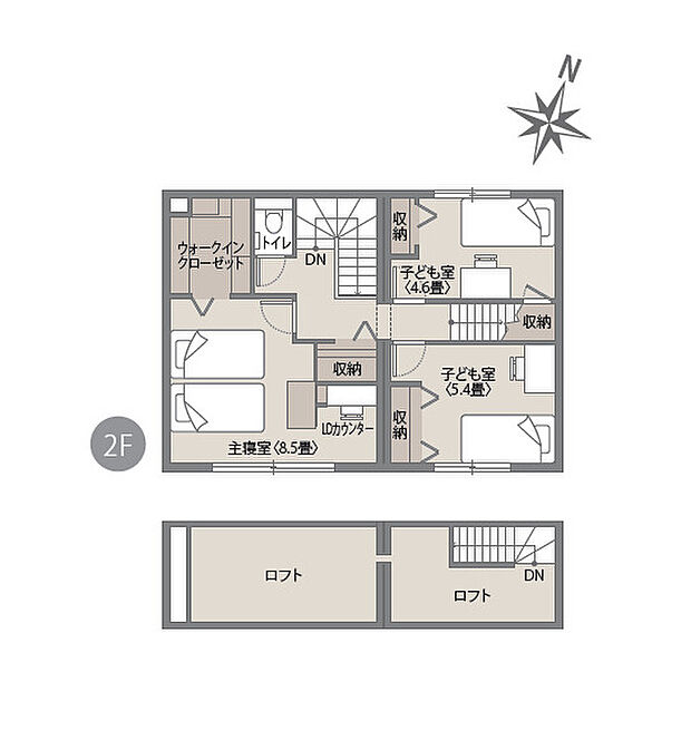 (2階間取図)主寝室には書斎に使えるカウンターと大きなクローゼットを備え、自分時間も大切にできる空間に。最上階の広々ロフトは収納はもちろん、趣味を楽しむ場所としても活躍します。