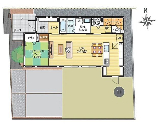 (1階間取図)20.4畳の広々LDKを中心に、水まわりを使いやすくまとめた間取り。フレキシブルスペースはお子さまの遊び場やお昼寝に、扉を閉めれば来客用としても使える便利な空間です。