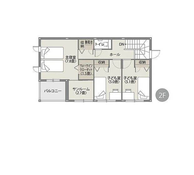 【3LDK】2階には天候を気にせず干せる2.7畳のサンルームを完備。主寝室からバルコニーへも直結し、外干し・内干し双方がスムーズです。各室にクローゼットを備えた3LDKのゆとりが、家族の成長を優しく支える間取りです。