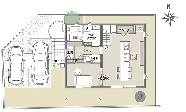 【3LDK+S】22.2畳の広々LDKを中心に、パントリーやゆとりある洗面脱衣室など家事動線に配慮。並列2台駐車も可能で、暮らしやすさと安心を備えた住まいです。
