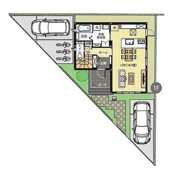 【3LDK】16.9畳の広々LDKは対面キッチンで家族との会話も楽しめます。独立した洗面脱衣室で朝の混雑や来客時も安心。駐車2台可能で、機能性と心地よさを両立した住まいです。