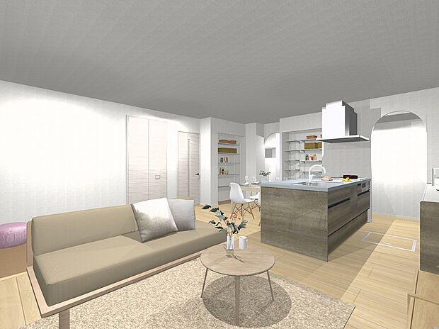 【3号地プラン例内観イメージ図(LDK)】建物価格4090万円、建物面積92.33m2/ 建物価格は本プランでの参考価格となります。※内観図に表示のある家具調度品植栽はイメージです。