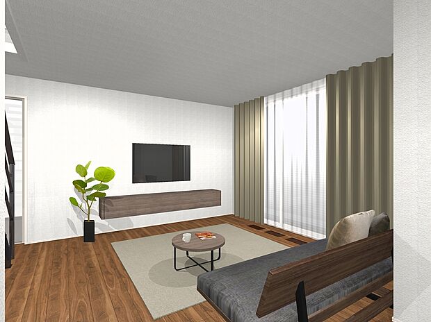 【2号地プラン例内観イメージ図（LDK）】建物価格4520万円、建物面積118.16ｍ2/ 建物価格は本プランでの参考価格となります。
※内観図に表示のある家具調度品植栽はイメージです。