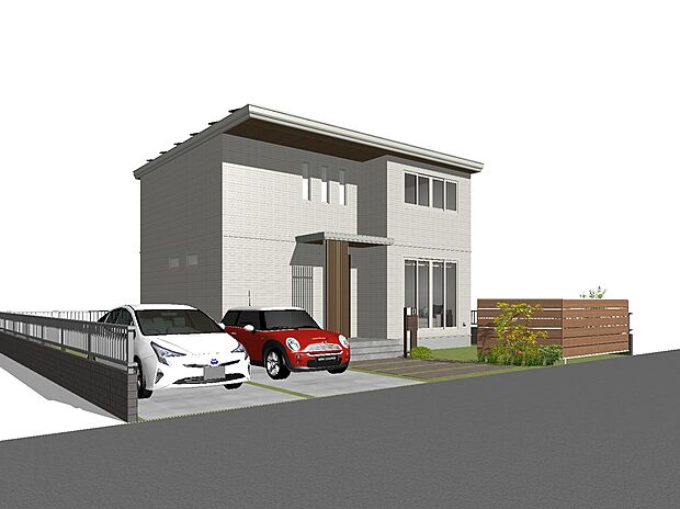 【【9号地プラン例】外観】建物価格4460万円、建物面積112.80m2 / 建物価格は本プランでの参考価格となります。
※外観図に表示のある自動車、植栽等は価格に含まれません。