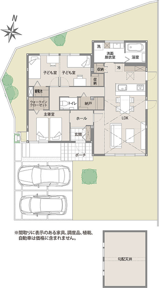 【2LDK】※間取りに表示のある家具、調度品、植栽、自動車は価格に含まれません。