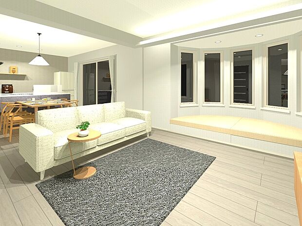 【【6号地】LDK】ボウウインドウはヌックとして利用できるくつろぎ空間です!※内観図に掲載の家具調度品は販売価格に含まれません。(完成予想内観パース)