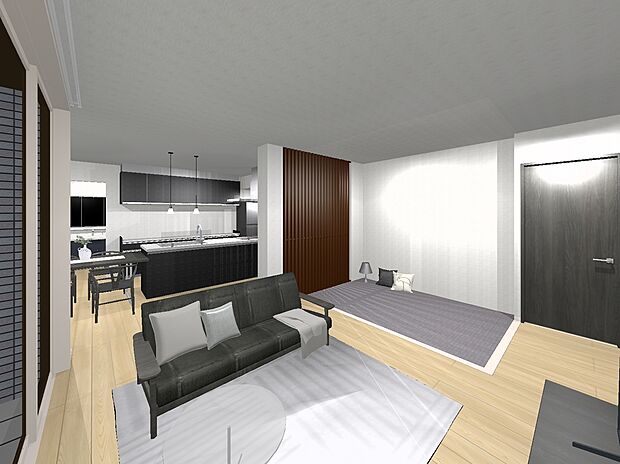 【2号地プラン例内観イメージ図(LDK)】建物価格4100万円、建物面積88.91m2 / 建物価格は本プランでの参考価格となります。
※内観図に表示のある家具調度品植栽はイメージです。