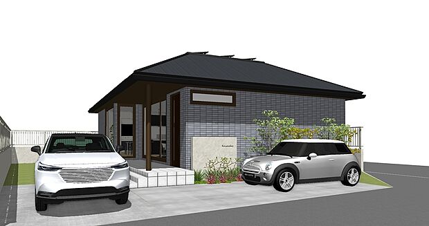 【2号地プラン例外観イメージ図】建物価格4100万円、建物面積88.91m2 / 建物価格は本プランでの参考価格となります。
※外観図に表示のある自動車、植栽等は価格に含まれません。
