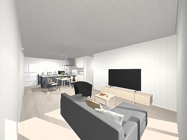 【3号地プラン例内観イメージ図(LDK)】建物価格4100万円、建物面積91.62m2 / 建物価格は本プランでの参考価格となります。
※内観図に表示のある家具調度品植栽はイメージです。