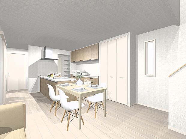 【5号地プラン例内観イメージ図（LDK）】建物価格4610万円、建物面積114.54m2 / 建物価格は本プランでの参考価格となります。
※内観図に表示のある家具調度品植栽はイメージです。
