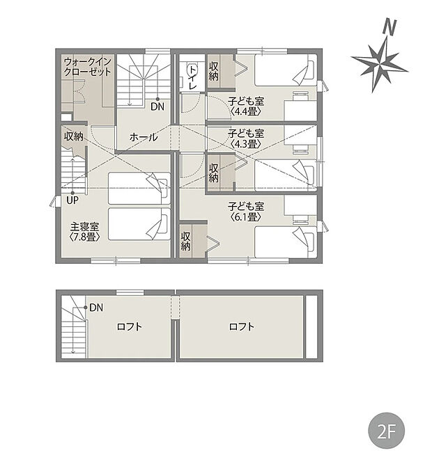 ２階にはお子様のお部屋としても最適な洋室が３部屋あり、ウォークインクローゼットも完備していますので、季節物の洋服や大きなスーツケースなども収納できます！