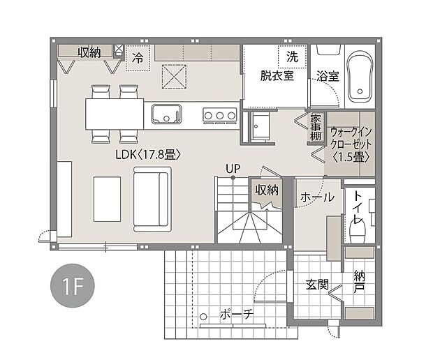 収納力のあるシューズクロークを備えた玄関。1階には17.8帖の開放感あふれるLDKが広がり、ゆとりある上質な暮らしを演出。