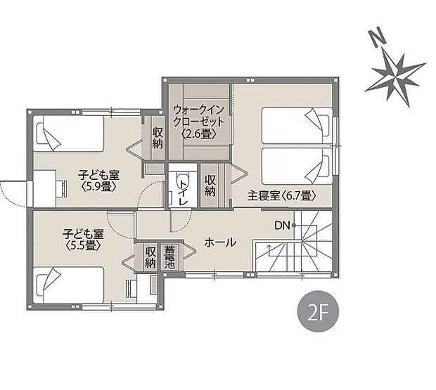 2階は全居室に収納を備え、すっきりとした暮らしを実現。主寝室には2.6帖のウォークインクローゼットを設け、衣類や荷物もたっぷり収納できます。