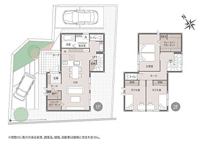 1F：53.77m2（16.26坪） 、2F：53.77m2（16.26坪）

収納スペースを充実させ、すっきりとした空間を保てます。2階には主寝室と子ども部屋を配置し、プライベート空間もしっかり確保。駐車スペースも備え、日々の暮らしやすさに配慮された住まいです。 