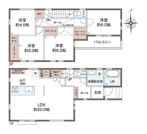 【１号棟　間取り】
LDK20帖のゆとりの設計・大型パントリー・ウォークインクローゼットや大型ロフトなど収納力抜群です。
