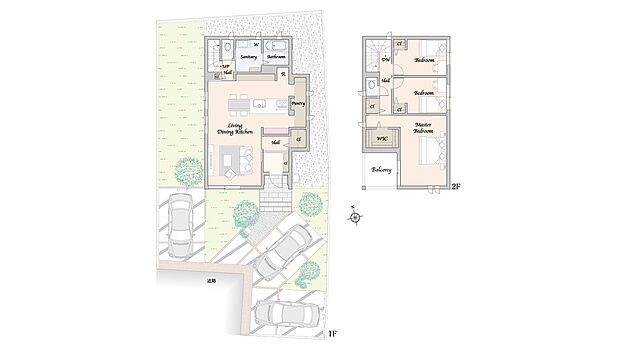 【3LDK+WIC】総面積271.74m2のうち、62.39m2を協定道路として提供