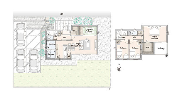 【4LDK+WIC】※間取りに記載された家具類は一部を除き販売価格に含まれません。
※外構・植栽は実際と異なる場合があります。自動車、自転車は販売価格に含まれません。