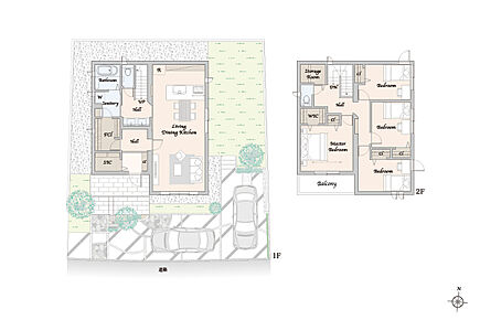 主な設備：太陽光発電システム 9.99kW、蓄電池 12.0kWh
※掲載の間取り・外構・植栽等は図面を基に書き起こしたもので、実際と異なる場合があります。※間取りに記載された家具類、自動車等は、一部を除き販売価格には含まれません。 