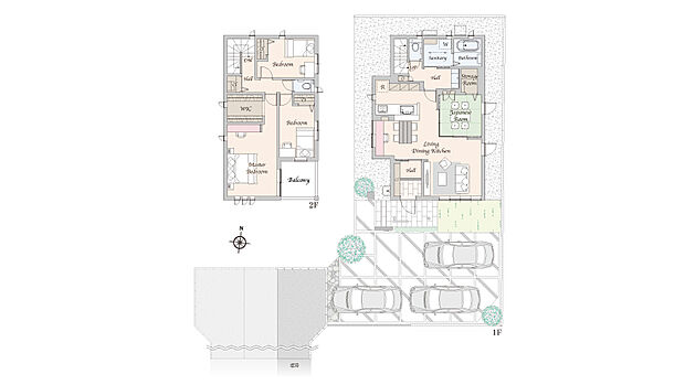 【4LDK+ウォークインクローゼット】※1 総面積216.45m2のうち、41.02m2を協定道路として提供
※2 外構・植栽は実際と異なる場合があります。自動車、自転車は販売価格に含まれません。間取りに記載された家具類は一部を除き販売価格に含まれません。