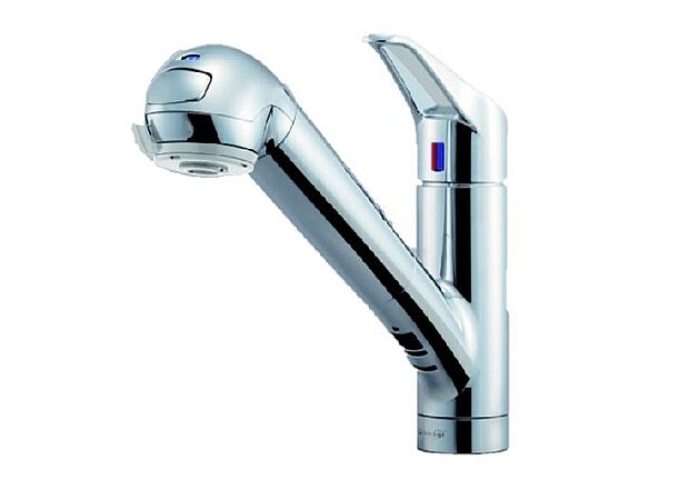 【同仕様画像 (その他内観)】\同仕様写真/レバーのクリック感でムダ使いをカット。蛇口の先端に浄水器を内蔵、自動クリーニングでカートリッジの清潔を保ちます。