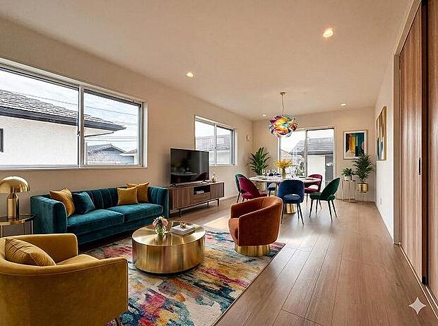 大きめの開口部から暖かい日差しが長い時間射し込みます。天気の良い日は是非窓を開けて風通しの良さもご体感下さい。明るいＬＤＫがご家族団欒の時を包みます
※CG加工を施しております。