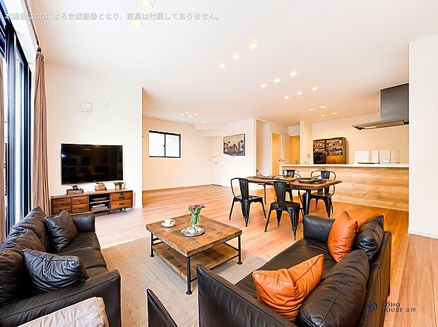 家族が自然と集まる広々としたリビング。大きな窓から陽の光が降り注ぎ、開放感と温もりが広がる空間です。(本画像はCGによる合成画像となります。家具は付属しておりません。)