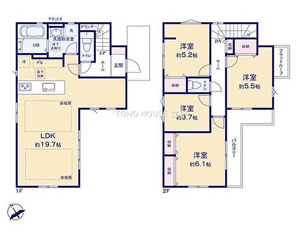 【4LDK】こちらの間取り図で、お部屋の配置や動線をイメージしていただけます。お部屋ごとの広さやレイアウトを参考に、生活のシーンを思い描いてみてください。