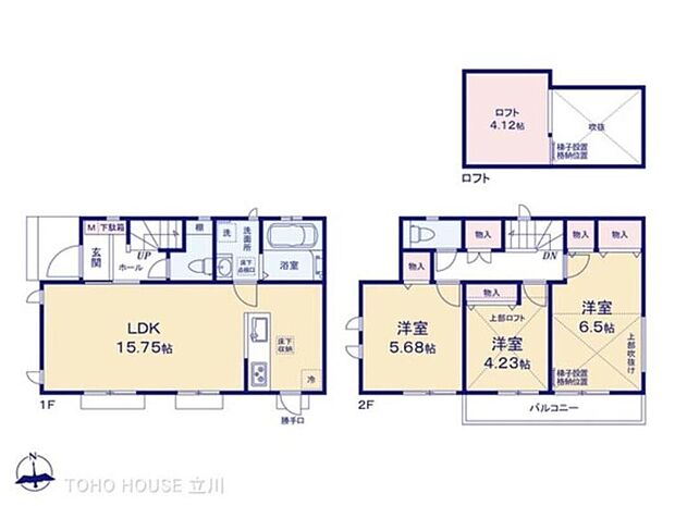 間取り図：15帖超のLDKを中心に家族が集うゆとりの間取り。
全居室収納に加えロフト付きで、空間を有効活用できる機能的な住まいです。