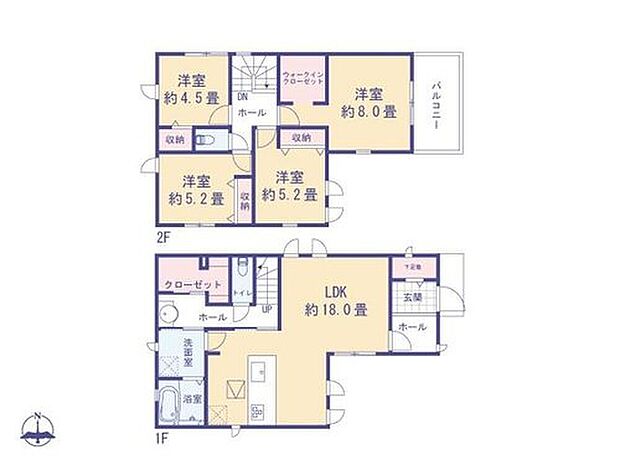 【4LDK】18畳の広々LDKを中心とした家事動線に優れた4LDK。1階に水回りを集約しファミリークローゼットを配置。全居室に収納があり、8畳の主寝室にはWICも完備。家族の快適な暮らしを叶える機能的な設計です。