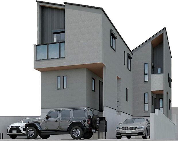 外観イメージパース（※車はイメージです。価格には含まれません。）左：1号棟、右：3号棟