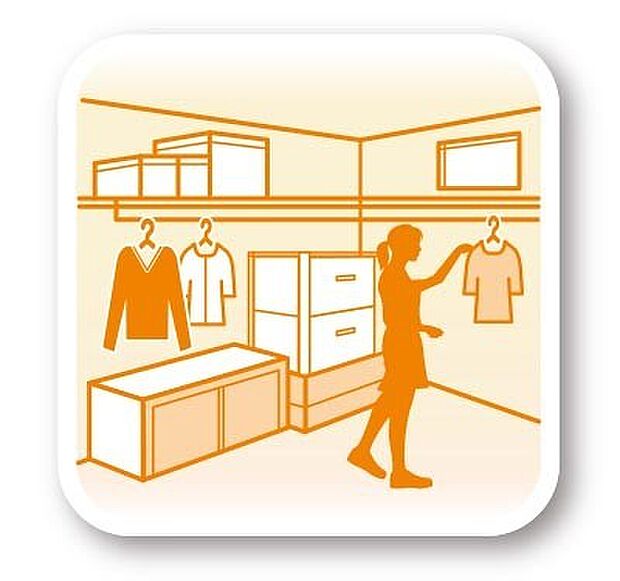 【ウォークインクローゼット】部屋のように入れる広さのウォークインクローゼット！衣類だけでなく、鞄や帽子などの小物からアウトドア用品など大きい物までしっかり収納できます。