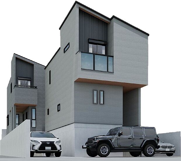 【完成予想図(外観)】外観イメージパース（※車はイメージです。価格には含まれません。）左：2号棟、右：1号棟