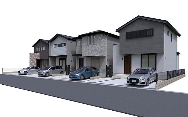 統一感がありながらも、一邸一邸が異なる表情を持つスタイリッシュな4邸の街並み。青空に映えるモダンな外観と、ゆとりを持たせた敷地計画が、ここに住まう誇りと新しい暮らしへの期待感を高めます。