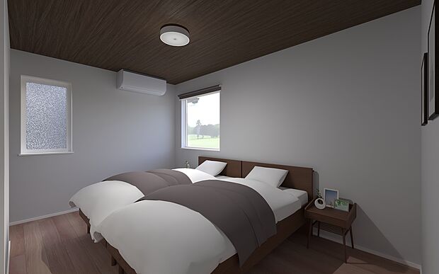 【No.17│主寝室】木目調の天井が空間を引き締める、シックで落ち着いた洋室。2面採光の明るい設計で、毎朝気持ちよく目覚められます。一日の疲れを癒す、ご夫婦の主寝室に最適です。