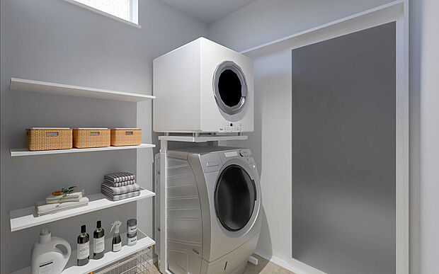 【No.1│脱衣所】ガス乾燥機も置けるゆとりの脱衣所。洗う・干す・畳むがスムーズな時短動線で家事時間を短縮。浮いた時間で、子供と遊ぶ余裕や自分時間をしっかり確保できます。