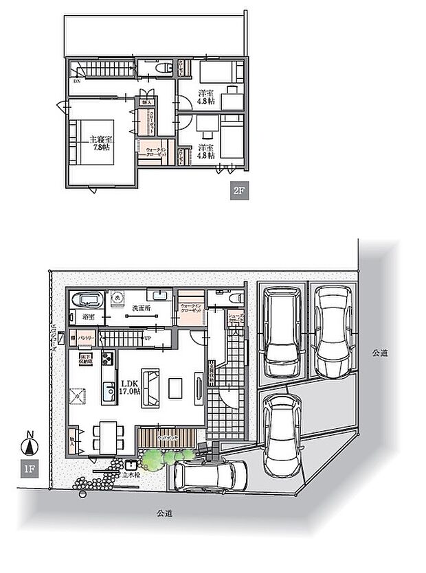 No.3号棟　間取図
LDKは約17帖の広さを確保し、家族が自然と集まる空間に。水回りをまとめた家事動線と、主寝室7.8帖＋洋室2部屋の使いやすい3LDKプランです。
