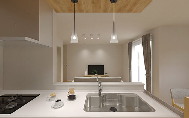 【No.3号棟　見渡せる対面キッチン】リビング・ダイニングを見渡せる対面キッチン。下がり天井が空間のアクセントとなり、家事時間も楽しくなる設計です。