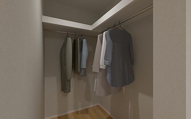 【No.3号棟 2階WIC】衣類や季節物をまとめて収納できるウォークインクローゼット。主寝室と併せて使いやすく、すっきりとした暮らしをサポートします。