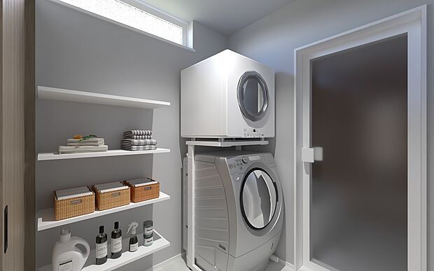 【No.2号棟 洗面所イメージ】ガス衣類乾燥機「乾太くん」設置に対応。先行スリーブ施工済みで、将来的な導入もスムーズです。