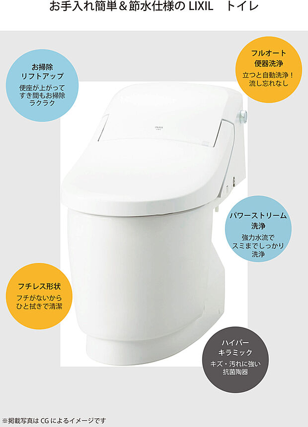 【LIXIL ベーシア ハーモL(1F)/ベーシア(2F)】1階は清掃性と快適性に優れた「ベーシア ハーモL」タイプ。お掃除リフトアップやフチレス形状、自動洗浄機能など、使いやすさも◎。2階にはシンプルで使いやすい「ベーシア」を採用しています。