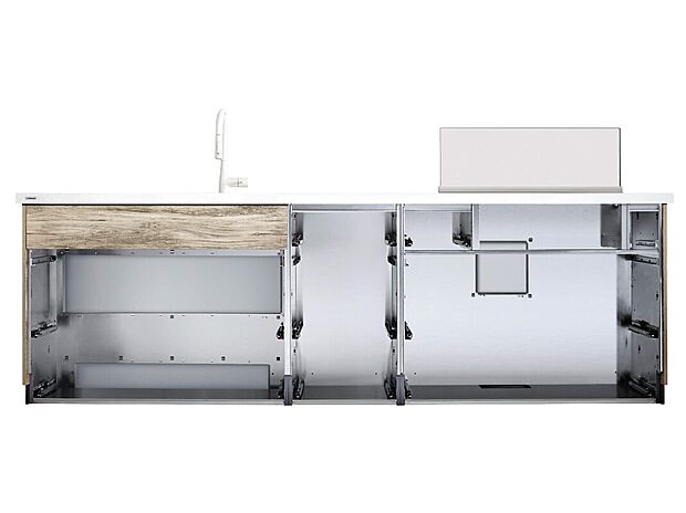 【将来のキレイのために「ステンレスエコキャビネット」】キッチンの内部の構造自体がステンレス。熱にも腐触にも強く、カビやニオイがつきにくい上、長寿命。環境負荷も少ないです。見えない部分にまでこだわったシステムキッチンです。(参考写真)