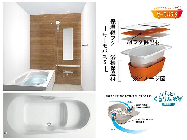 【参考画像【LIXIL】】一日の疲れを癒すお風呂。浴槽はお湯が冷めにくい、浴槽保温材と保温組フタの“ダブル保温”構造。排水溝は渦のチカラでゴミをパッとまとめてくれます。