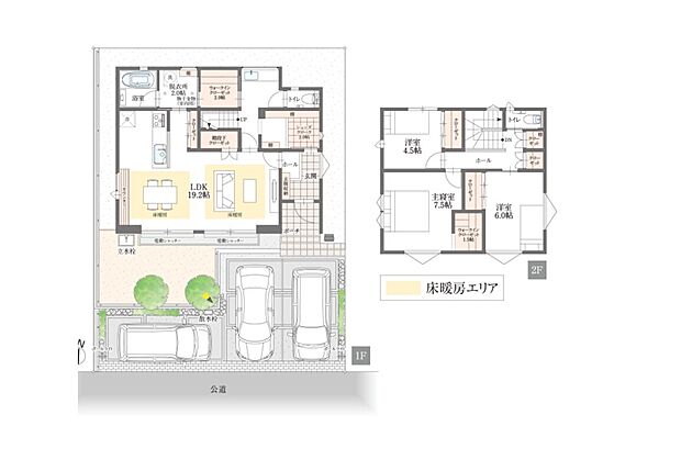 【No.45 間取り】多彩なサービスルーム（ファミリークローゼット・シューズクローク・ランドリールーム）。開放感と機能性を感じる空間設計が魅力です。